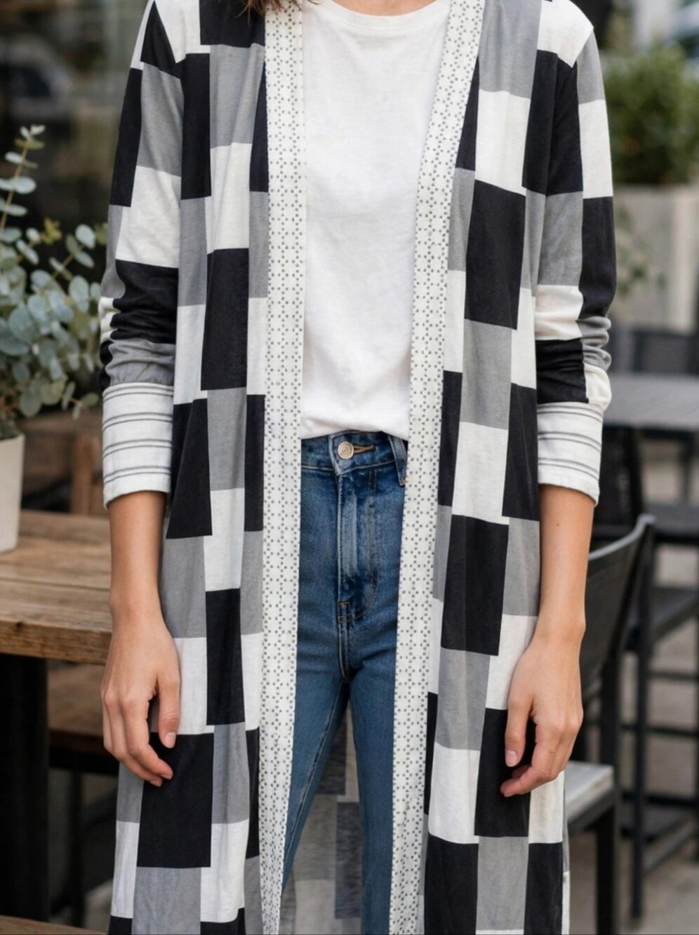 Black & White Checkerboard Long Duster Cardigan